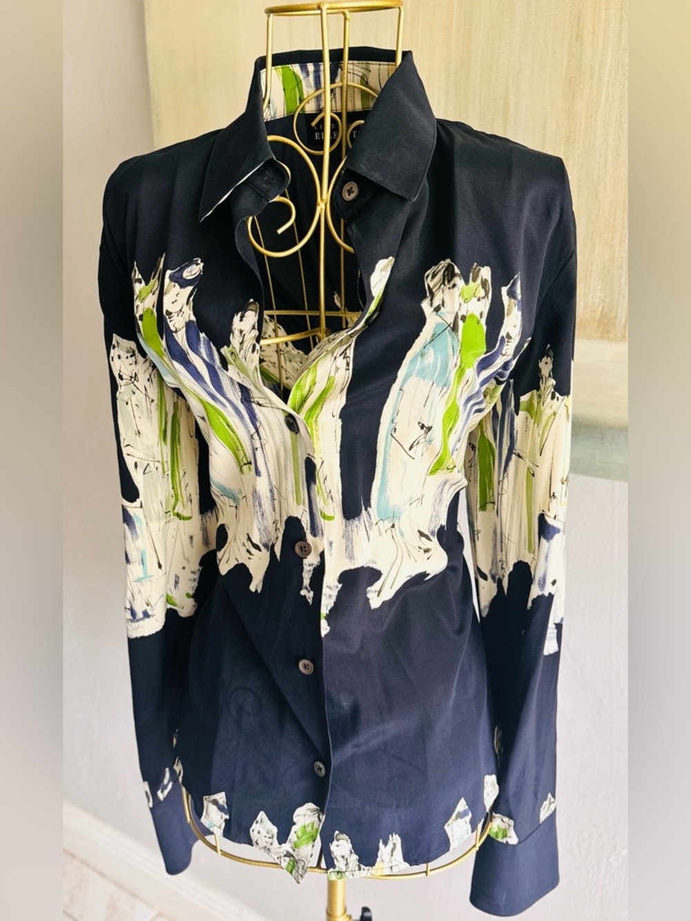 Linda Allard Ellen Tracy Silk Blouse Size 10 Abstract Print Navy Green - Picture 4 of 8